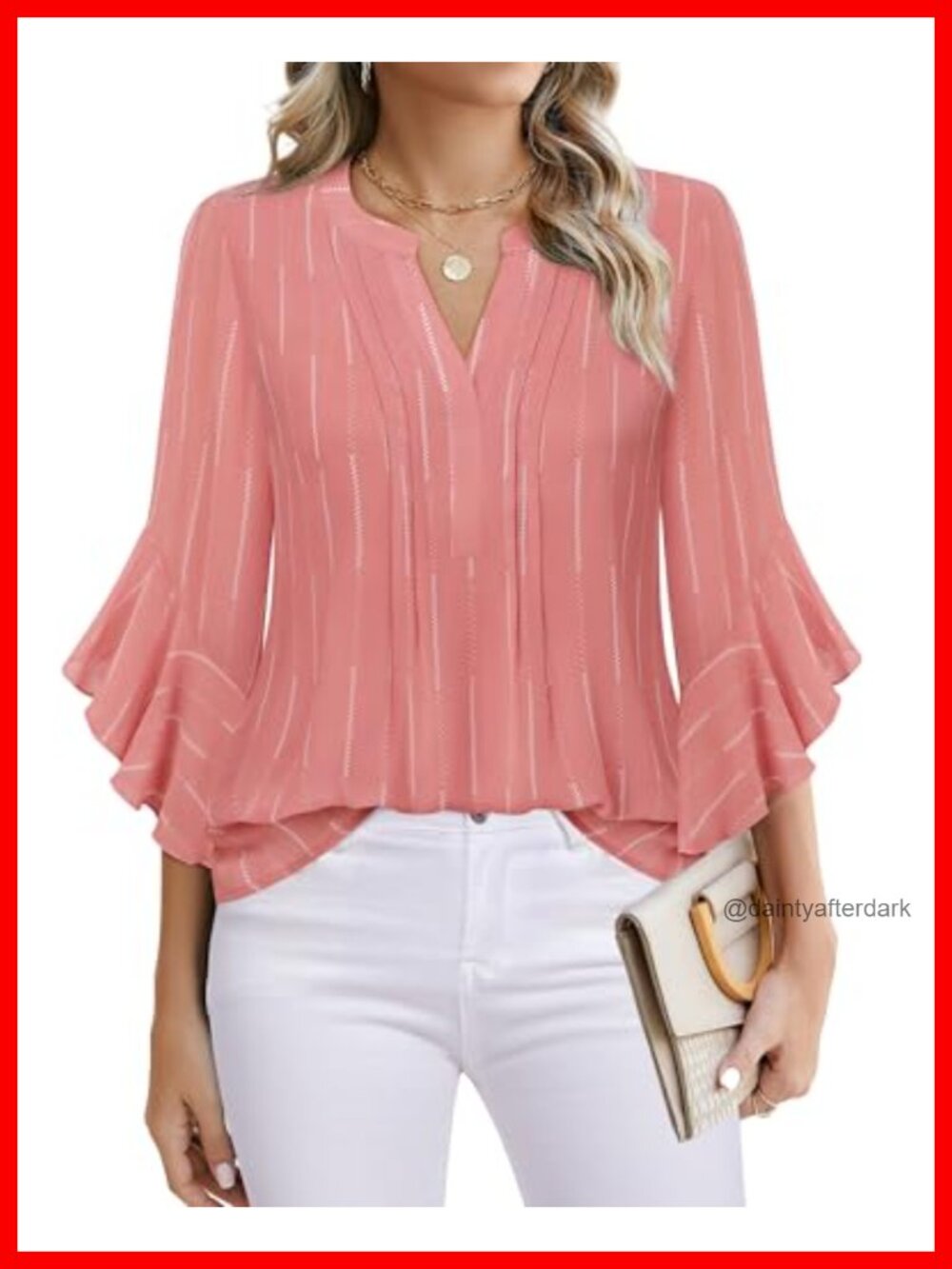 Women's 3/4 Sleeve Pleated Henley V-Neck Chiffon Blouse Business Casual Top